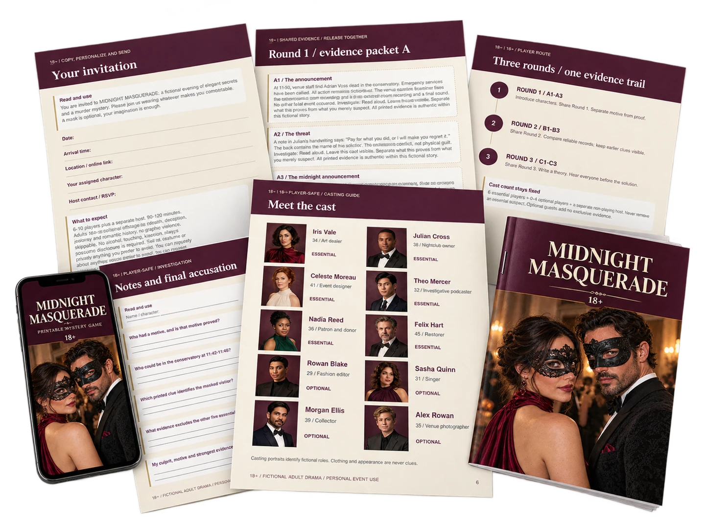 Midnight Masquerade booklet, phone and a selection of printable pages